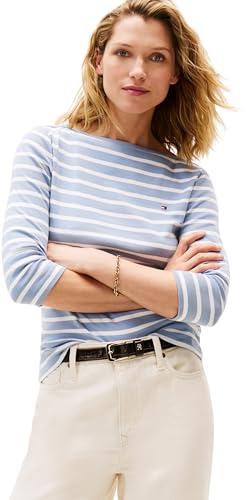 Tommy Hilfiger Donna Maglietta Maniche Lunghe New Cody Slim Scollo a Barca, Multicolore (Brisk Blue/Ecru STP), M