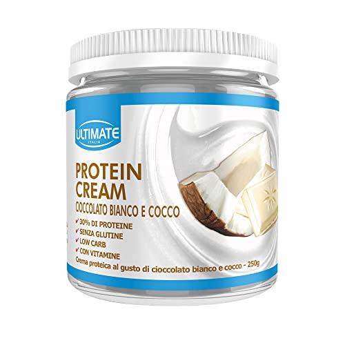 Ultimate Italia - Crema proteica al 30% spalmabile, senza zuccheri - 250g - gusto cioccolato bianco e cocco - poche calorie, senza glutine, con vitamine