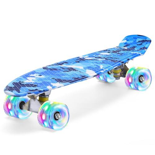 ERNAN Skateboard 22in Mini Cruiser Skateboard Completo retrò per bambini, ragazzi, adolescenti, adulti, principianti, ruote luminose a LED,carico massimo 99,8 kg (Blues)
