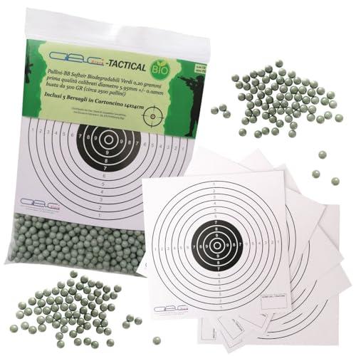 Glac Store® Pallini BB in Busta Biodegradabili Bio 500gr da 6mm per Softair Verdi Bianchi 0,20 0,23 0,25 Grammi con 5 Bersagli in Cartoncino 14x14 (0,20 gr Verdi 2500 Pezzi)