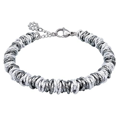 ParticolarModa Bracciale Donna regolabile quadrifoglio portafortuna nodini lucido diamantato 7 mm (Regolabile da 22 a 25 cm (x polso 19-21), Argentato/Fumè)