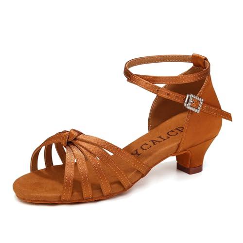 YCALCP Scarpe da Ballo Bambina Latino Raso Sandali Tango Salsa Pratica Scarpe da Ballo,217XGG-marrone-EU 30