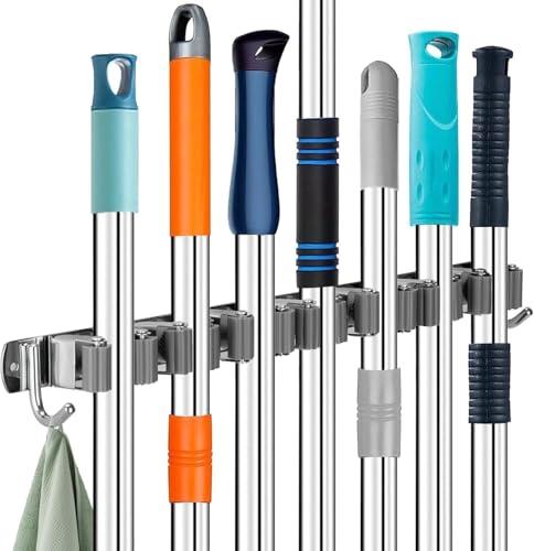 Zosenyer Porta Scope Parete, Appendi Scope a Muro con 7 Supporti e 2 Ganci Portascope da Muro, Autoadesivo Porta Attrezzi da Parete in Acciaio Inox per Bagno, Cucina, Garage, Terrazza