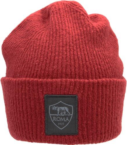 AS Roma Cappelli Invernali Stadio, Classic Crest Leather Patch Knitted Skipper Beanie - Red W Black Logo