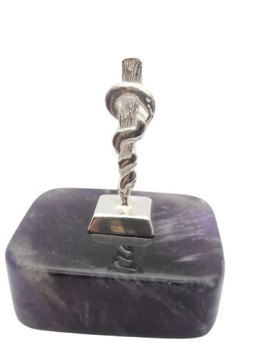Bastone di Esculapio : Simbolo di Asclepio in Argento 925 su Ametista Naturale Viola - Medici - Dottori - Medicina - Fermacarte - Soprammobile - Pietra Dura