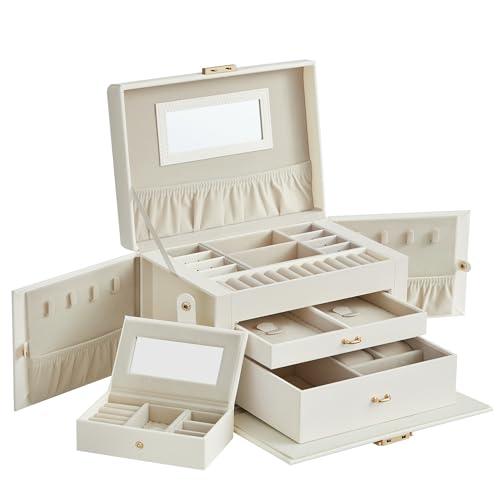 SONGMICS Scatola Portagioie a 3 livelli, per Natale, Porta Gioielli con 2 Cassetti, con Mini Box Portatile da Viaggio, Maniglia, Chiusura, Idea Regalo, PU Bianco Nuvola, Fodera Bianca Crema JBC121W02