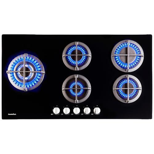 PremierTech Piano Cottura a Gas, 5 fuochi, 90 cm (87.8cm), Vetro Nero, Wok Supporti in Ghisa Professionali, predisposto Metano e kit ugelli GPL inclusi, Manopole in Alluminio, P590VL
