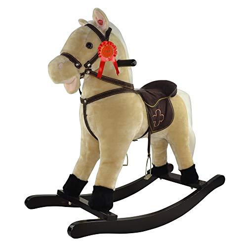 Sport1-Cavallo a Dondolo Rodeo in Legno e Morbido Tessuto con Effetti Sonori, Colore Beige