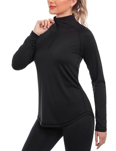 iClosam Maglia Sportiva Donna Manica Lunga Maglia Tecnica Trekking con Mezza Zip Maglietta da Corsa Traspirante Maglie Running Leggera Nero Puro XS