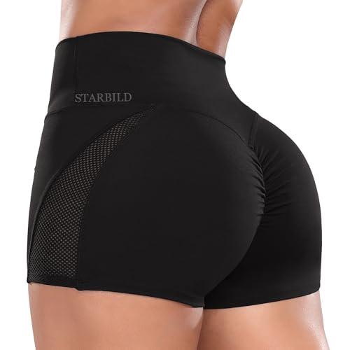 STARBILD Pantaloncini Donna Sportivi Scrunch Butt, Leggins Corti Vita Alta Push Up, Booty Shorts Hot Pants per Palestra Fitness Yoga, A Rete - Nero S