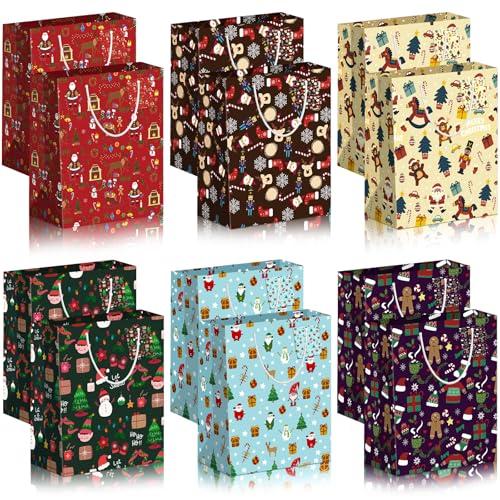 MTINRNI Buste Regalo Natale,6 Modelli 12 Pezzi Sacchetti Regalo Natale,con Etichette e Manici, Borse Doni con Stampe Natalizie Assortite,per Sacchetti Regalo di Natale per Candy and Regali.