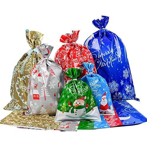 Sacchetti Regalo di Natale, 20 Buste Regalo con Cordoncino in 6 Design Natalizi - Borse e Scatole per Doni di Natale. Taglie miste -20Pezzi-