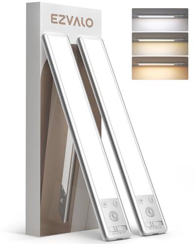 EZVALO Cucina Armadio Luce LED 20CM, 62 LED con Rilevatore di Movimento, 3 Modalità di Colore Dimmerabile Luci Armadio Ricaricabile senza Fili per Armadio, Cucina, Scale, Bianco (2 Pezzi)