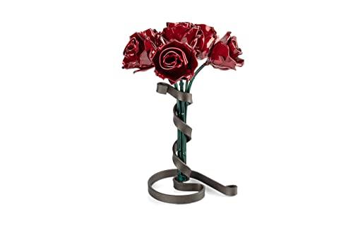 Forging Art Bcn® Bouquet di 6 Rose in Ferro Battuto - Regalo 6° Anniversario - Regalo Festa della mamma, San Valentino, 6° anniversario di matrimonio, Nozze di Ferro (Rosso/Verde)