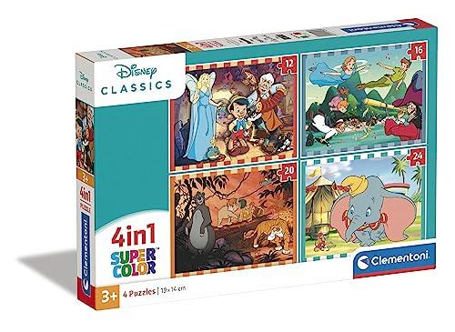 Clementoni - 21523 - Supercolor Puzzle - Disney Classics Animals - 4 Puzzle da 12,16,20 e 24 Pezzi - Puzzle Bambini 3 Anni, Puzzle Cartoni Animati - Made In Italy