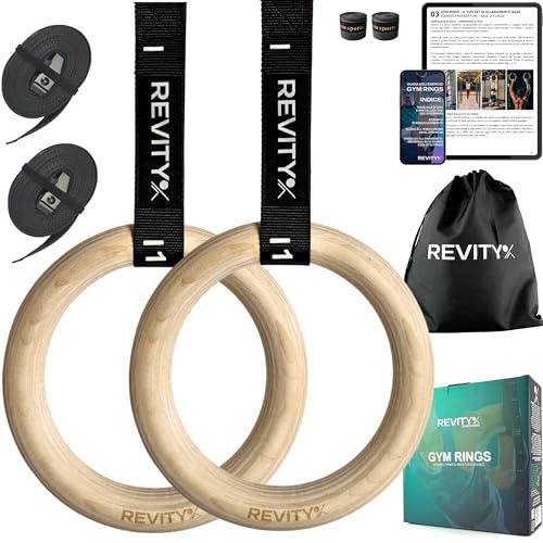REVITY Anelli Calisthenics 32 mm - Anelli Ginnastica Legno per Crossfit e Palestra in Casa, Cinghie 450 x 3,8 cm con Marcature, Carico Massimo 250 kg, Nastri di Grip per Anello, Guida PDF