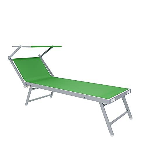 Lettino Prendisole Pieghevole Professionale In Alluminio Tessuto Textilene 720 gr/m² Tettuccio Orientabile Parasole Sdraio Prendi Sole Mare Spiaggia Piscina Giardino 182 x 60 x 38 cm (Verde)