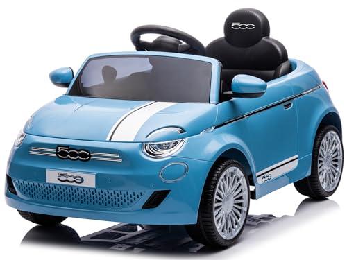 Macchina Elettrica per Bambini 12V Fiat 500 Auto Giocattolo Full Optional con Sedile in Pelle Telecomando Parentale Soft Start e Cintura di Sicurezza Blu