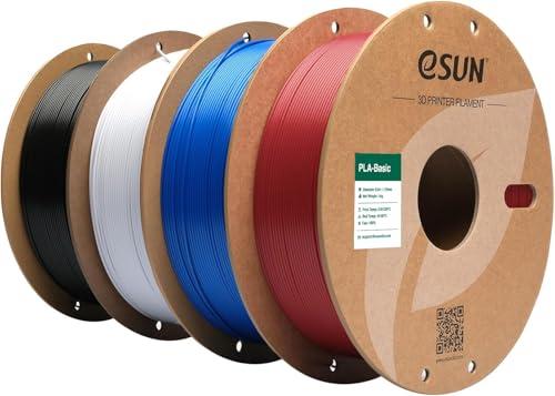 eSUN Filamento PLA 1,75 mm, filamento di Basic PLA per stampante 3D Precisione dimensionale +/- 0,03 mm, 1 kg per bobina, 4 bobine di filamento 3D per stampa 3D, Rosso fuoco+Blu+Bianco freddo+Nero