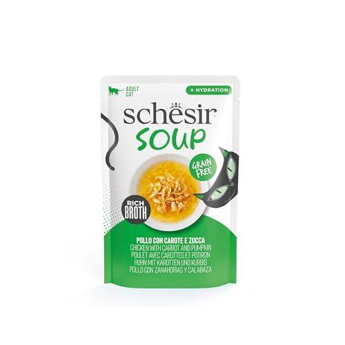 Schesir, Zuppa con Filetti di Pollo con Carote e Zucca, Cibo Umido Complementare per Gatti, Ricetta Originale, 100% Naturale, 12 buste da 40g