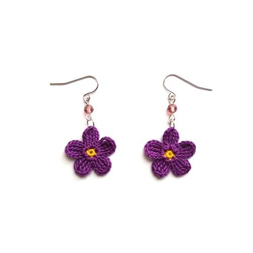 Orecchini fiore di viola, orecchini con perline di vetro, viola/giallo, Gioielli all'uncinetto, boho chic, Made in Italy, Bijoux da donna, Lavorazione Artigianale