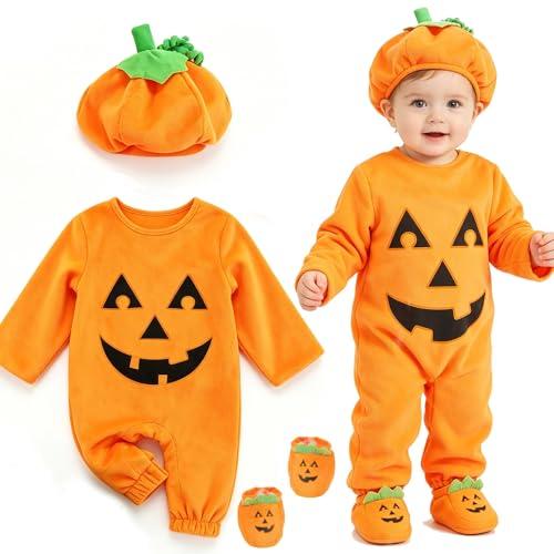Beipegin Vestito Zucca Neonato Costume Zucca Neonato Pagliaccetto Tutina Halloween con Cappello Zucca e Scarpa Costumi Halloween Bambino 0-24mesi