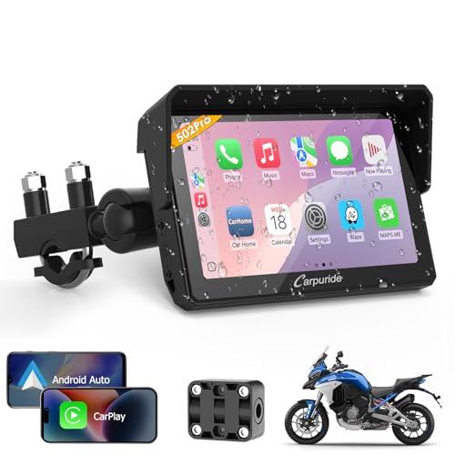 Carpuride W502PRO per CarPlay per Moto e Android Auto e Doppio Bluetooth - Navigazione GPS Impermeabile da 5 pollici per Moto, Condivisione di Musica, Interfono, EQ, Sensore di Luce, Bussola, Barometr