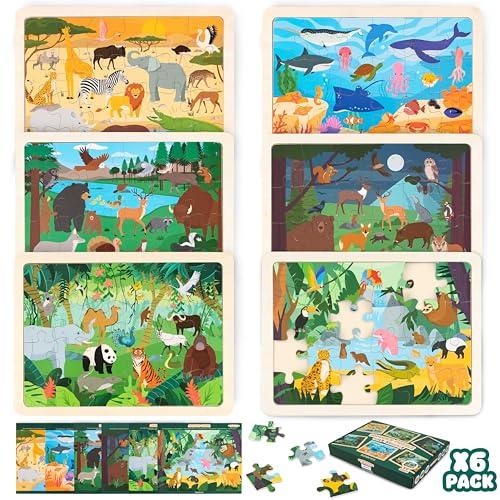 BONNYCO Puzzle Legno Bambini 6 Sets 24 Pcs, Animali di Diversi Ecosistemi. Puzzle 3-8 Anni con Tavoletta, Giochi Educativi. Giocattoli, Regalo Bambino e Bambina, Natale