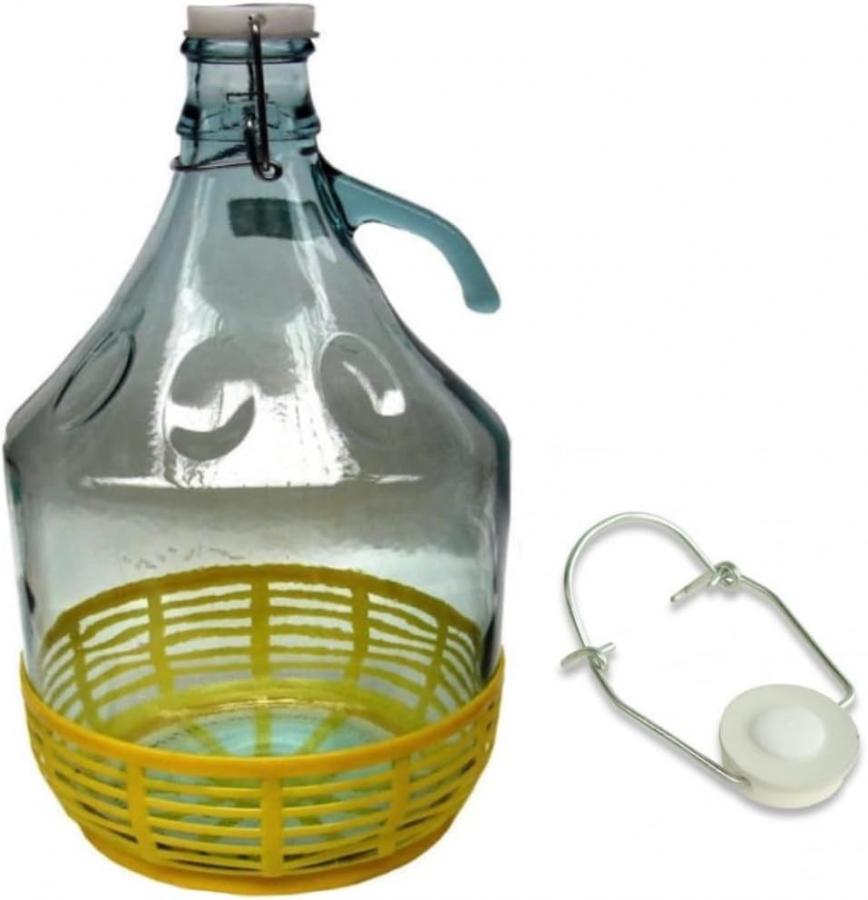 Damigiana, Fiasco, Bottiglie di Vetro, da 5 l, con Chiusura a Tappo ERMENTICO e cestello - Dama Vetro 5L per Acqua Vino Olio - BOCCIONE Vetro per STOCCAGGIO