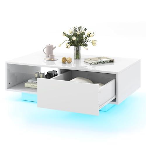 COSTWAY Tavolino da Salotto in Legno, Tavolino Moderno e Rettangolare con 20 Colori di Luci a LED, Telecomando, Cassetto e Ripiano Aperto, Tavolino per Studio e Ufficio (Bianco)