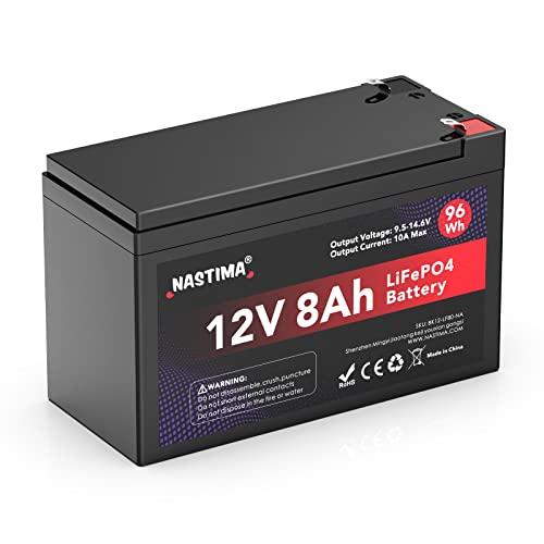 NASTIMA Batteria Ricaricabile 12V 8Ah LiFePO4 con Protezione BMS e Ciclo Profondo 4000, Adatta per Kit di Pannelli Solari, Passeggini, Camper, Barche, Campeggio, Ecoscandagli