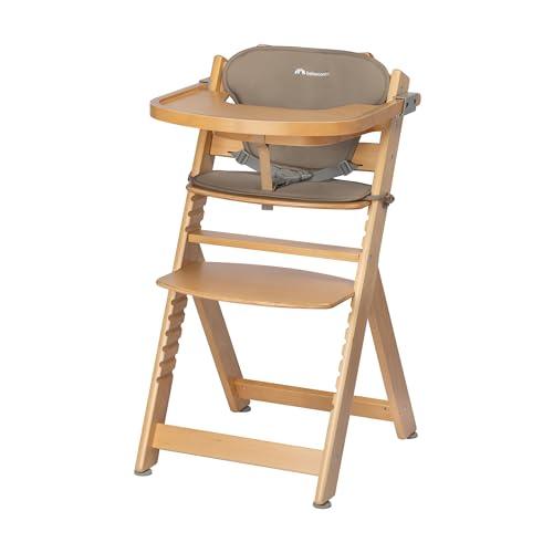 Bebeconfort Timba + Cuscino, Seggiolone Pappa in Legno, 6 mesi-99 anni, 110 kg, con Vassoio, Seduta/Poggiapiedi Regolabili, Compatibile con Sdraietta Timba Baby, Legno Naturale + Beige