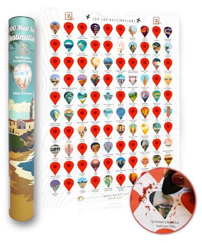 Atlas & Green Top 100 destinazioni Scratch Off Poster. A2 World Travel Poster. Around the World Bucket List Scratch Poster con tubo regalo