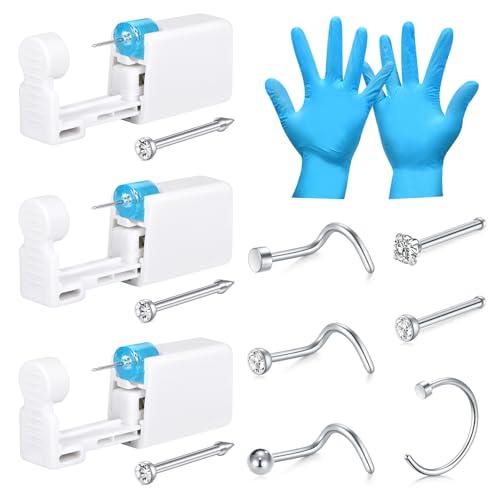 LAURITAMI Set pistola piercing naso, pistola per il piercing al naso di 4 pezzi, set d'argento per nose portatile di sicurezza con 6 perni