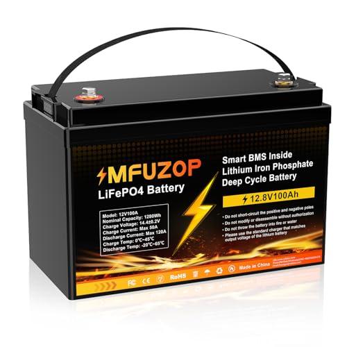 MFUZOP 12V100Ah LiFePO4 Batteria Group 31, 100A BMS, MAX 1280W Potenza, 8000-15000 Cicli Deep Cycle, Supporta Collegamento in Serie/Parallelo, per Camper, Sistema Solare Domestico(12V100AH G31*1Pcs)
