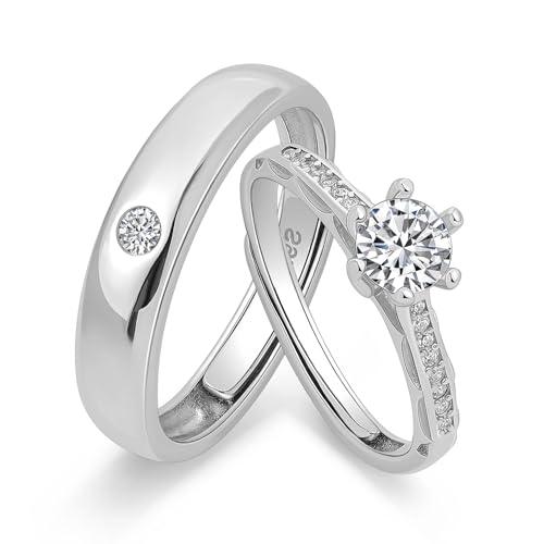 Anelli di Nozze in Argento Meissa per Donna – Anelli di Fidanzamento Regolabili con Pietra CZ da 0,44 ct, Anelli da Coppia Fatti a Mano per Anniversario di Matrimonio, Set di due anelli