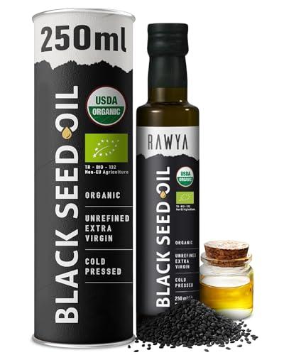 Olio di semi neri, biologico, 250 ml, RAWYA, gusto extra forte, TQ elevato, spremuto a freddo, bottiglia di vetro, olio di Nigella Sativa, olio di semi di cumino nero, noto anche come olio di Kalonji