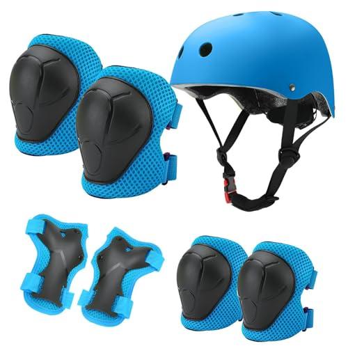 KATLKIU Set di casco protettivo per bambini con casco regolabile, ginocchiere, gomitiere e poggiapolsi per pattinaggio, bicicletta, pattinaggio, scooter e altri sport all'aria aperta (Blu)