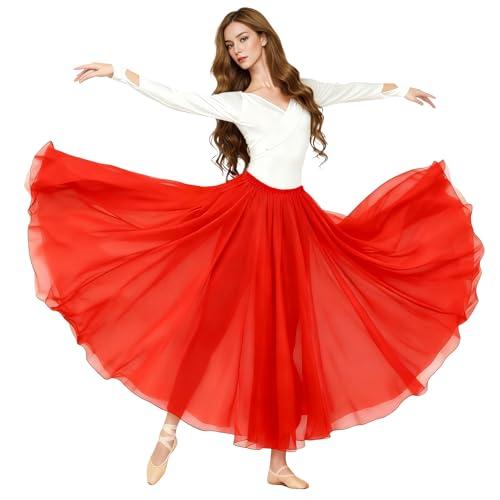 Baisdan Donna Gonna in Chiffon per Danza del Ventre, Gonne Flamenco a Cerchio Completo per Costumi di Halloween, Carnevale Spettacoli, Rosso, Taglia Unica