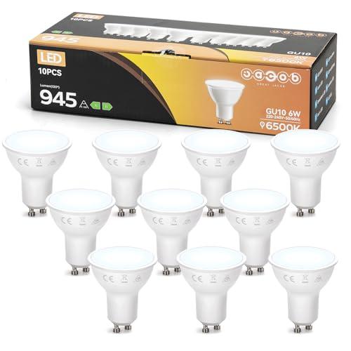 Great Jacob Lampadine LED GU10, 6W Equivalenti a 128W, 6500K Luce Bianca Fredda, 945Lumen Lampadine LED Non Dimmerabile, 10 Pezzi