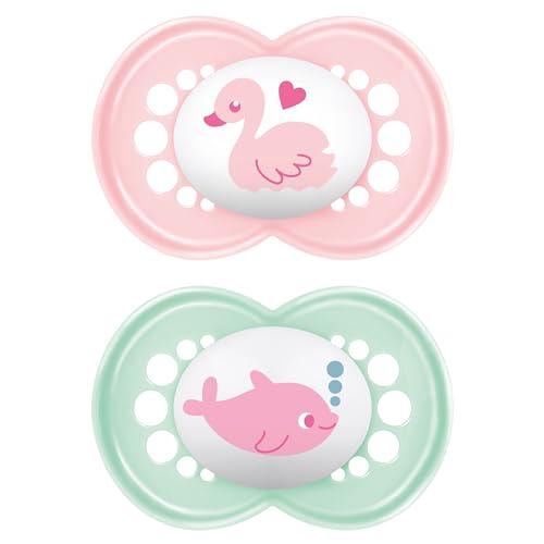 MAM Original Succhietto 6+ Mesi (Set da 2), Ciuccio MAM 6-16 mesi con tettarella ortodontica in caucciù, Kit da 2 accessori neonato con pratico porta ciuccio sterilizzatore, Rosa/Verde