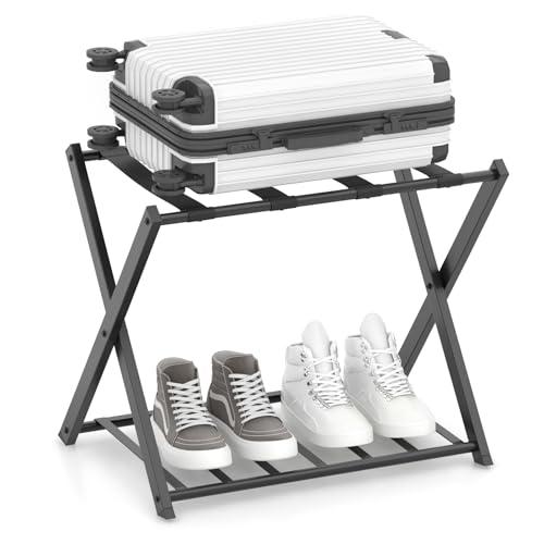 COSTWAY Portavaligie Pieghevole, Porta Valigie Poggia Bagaglio a 2 Ripiani, Cavalletto da Valigie, per Hotel e Viaggio, in Metallo, 68 x 43 x 56 cm (Nero 1)