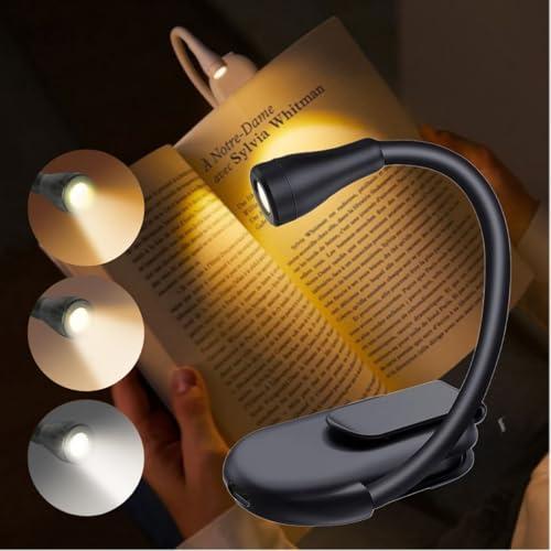 AMFUN Luce di Lettura, Luci da Libro a LED, Lampada da Lettura Ricaricabile con 3 Luci di Protezione per Gli Occhi, Luce da Libro con Clip a Collo d'oca Flessibile a 360°