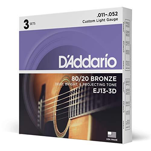 D'Addario Corde Chitarra Acustica | Corde per Chitarra Acustica | Corde Acustica | EJ13-3D - Corde in bronzo 80/20 per chitarra acustica, scalatura custom leggera, 11-52, 3 mute