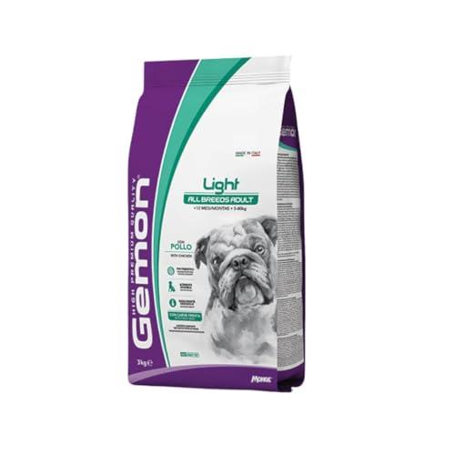 Gemon All Breeds Cane Adult Light e Riso 3kg, alimento completo secco per cani adulti di tutte le taglie, confezione da 3kg.