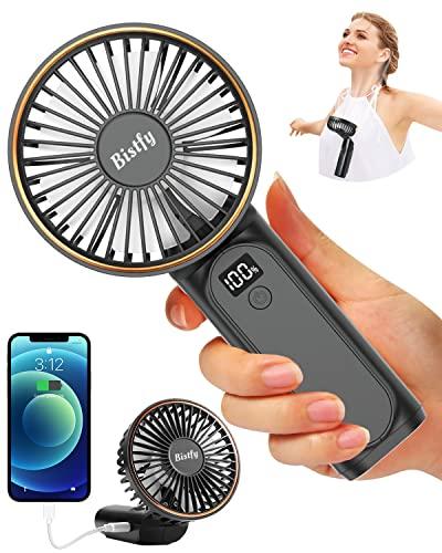 Bistfy Ventilatore Portatile 5200mAh Ultra Silenzioso 6 Velocità USB C Mini Ventilatori da Tavolo con LCD Display, 180° Pieghevole con Cordino come Ventilatore da Collo e Powerbank