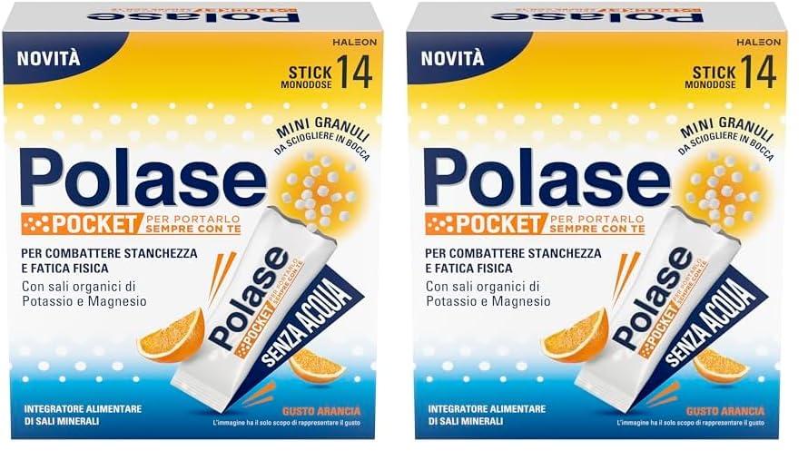 Polase Pocket, Magnesio e Potassio, Integratore Alimentare per combattere Stanchezza e Fatica, Caldo, Formato Stick, da assumere senz'acqua, 14 stick orosolubili (37g) (Confezione da 2)