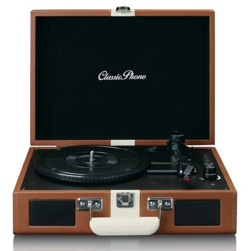 Classic Phono TT-120BNWH - Lettore di dischi con ricezione Bluetooth, altoparlanti integrati e batteria ricaricabile - Marrone/Bianco
