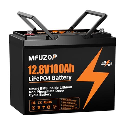 MFUZOP 12V100Ah LiFePO4 Batteria Group 24, 100A BMS, MAX 1280W Potenza, 8000-15000 Cicli Deep Cycle, Supporta Collegamento in Serie/Parallelo, per Camper, Sistema Solare Domestico