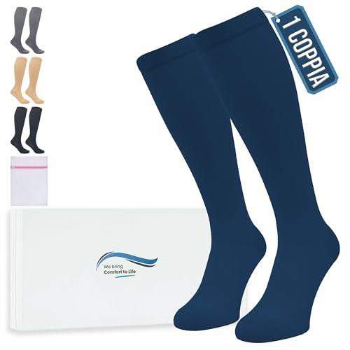 360 Relief Calze Compressione Graduata Donna e Uomo - 1 Coppia Solido Colore Gambaletti Compressione Graduata per Sports, Running, Viaggio, Ciclismo, Lavoro - XXL Blu con Borsa Lavanderia